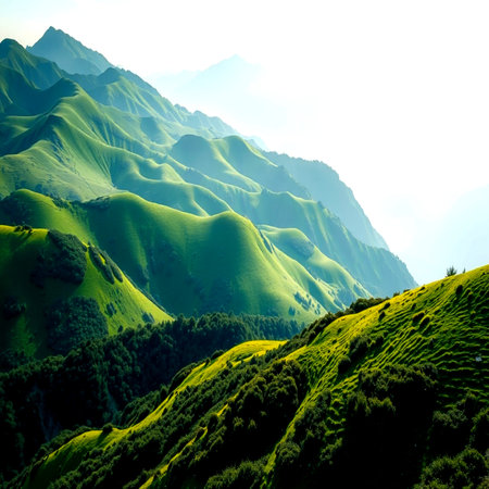 Beautiful mountain landscape with green grass and blue sky. Caucasus, Georgia.の写真素材