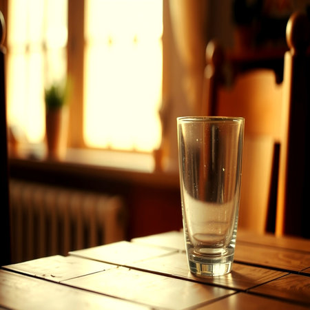 Glass of water on a wooden table in a cafe. Selective focus.の写真素材