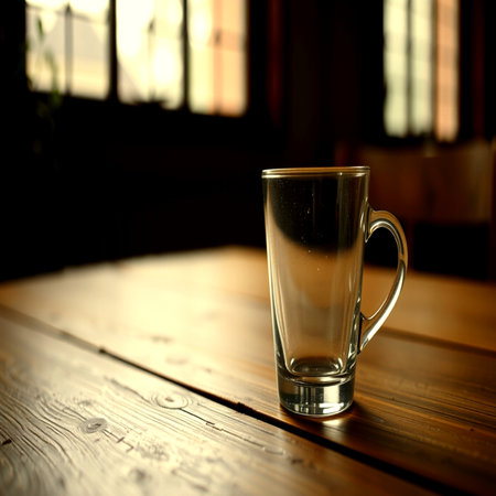 Empty glass of water on wooden table in cafe. Selective focusの写真素材