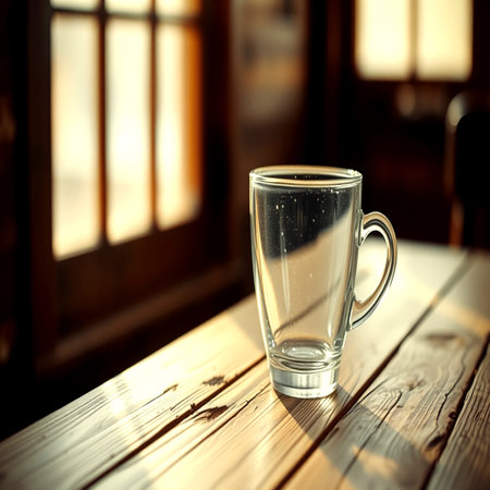 Glass of water on wooden table in coffee shop, vintage style.の写真素材