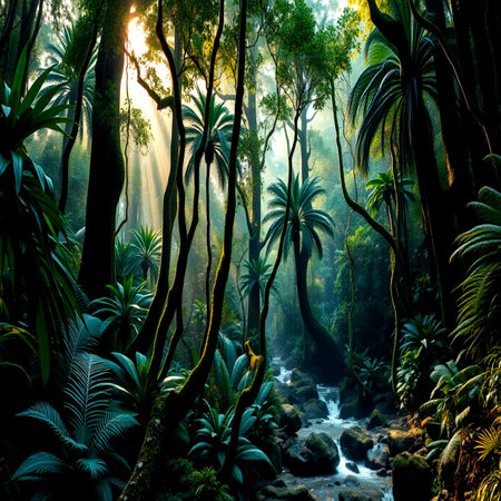 Tropical rainforest with stream and sunlight. Nature background.の写真素材