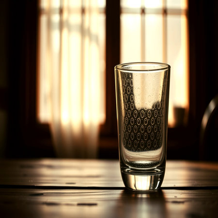 Glass on a wooden table in a room with window lightの写真素材