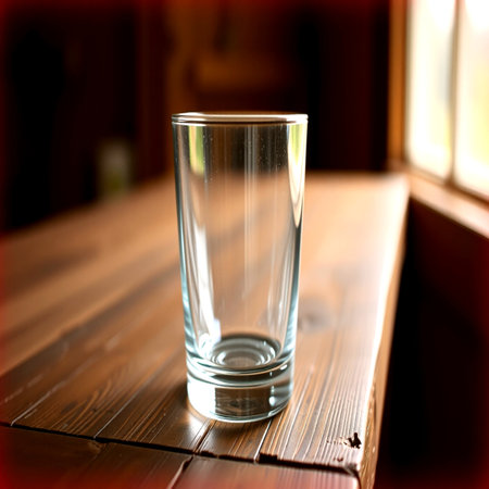 empty glass of water on the wooden table in the cafe, stock photoの写真素材