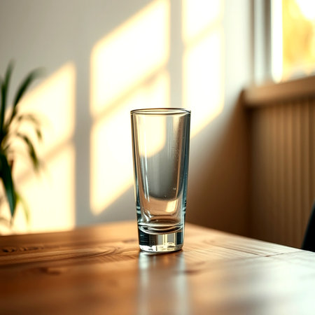 Empty glass of water on the wooden table in cafe or restaurant.の写真素材
