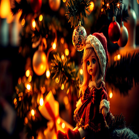 Christmas decoration. Little girl in red Santa Claus hat sitting on a Christmas tree.の写真素材