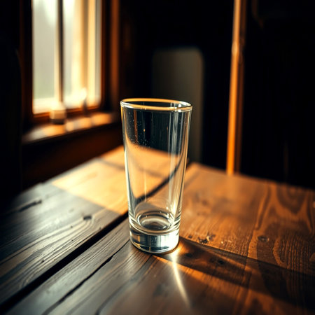 Glass on a wooden table. Selective focus.の写真素材