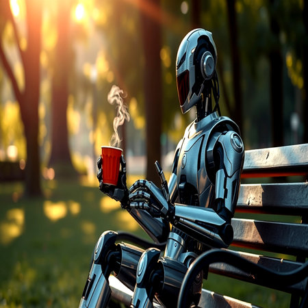 Robot with a cup of coffee sitting on a bench in the parkの写真素材