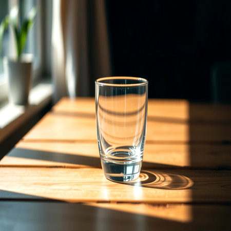 Glass of water on a wooden table in the rays of the sunの写真素材