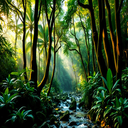 Beautiful tropical rainforest with a stream in the morning light.の写真素材