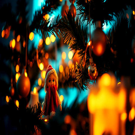 Christmas decoration on the Christmas tree. Festive background with bokeh.の写真素材