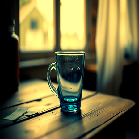 Glass of water on a wooden table in a cafe. Toned.の写真素材