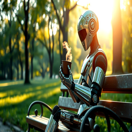 Robot holding a cup of coffee in the park. 3d rendering.の写真素材