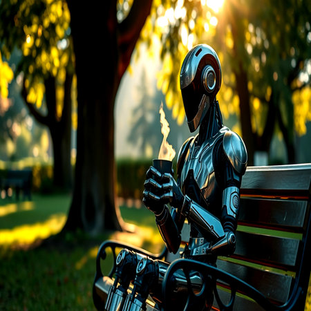 Cyborg sitting on a bench in the park and holding a torchの写真素材