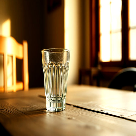 Glass of water on a wooden table in a cafe. Selective focus.の写真素材