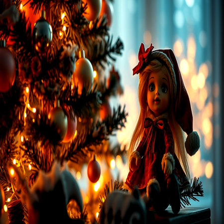 Christmas toy doll sitting on the background of a Christmas tree and lights.の写真素材