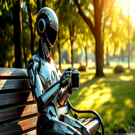 Robot sitting on a bench in the park and holding a cup of coffeeの写真素材