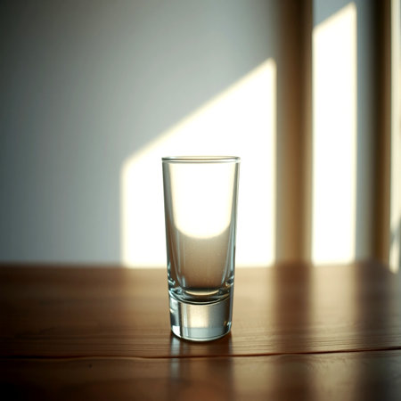 Glass of water on wooden table in sunlight, shallow depth of fieldの写真素材