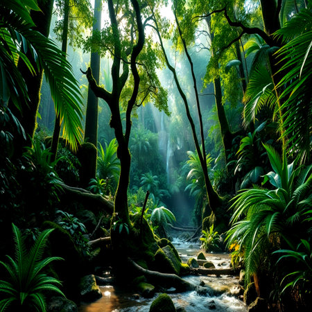 Tropical rainforest with stream and sunlight. Nature background.の写真素材