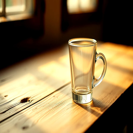 Glass of water on the wooden table in the morning light. Selective focus.の写真素材