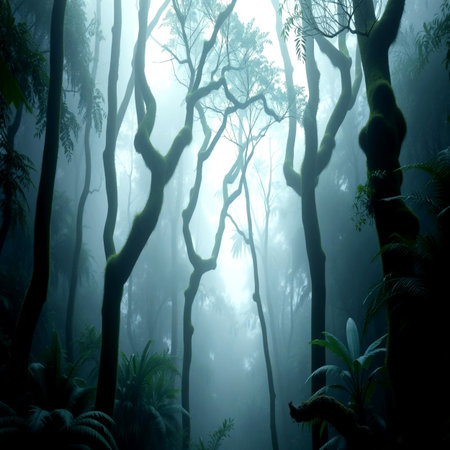 Tropical rainforest with fog and sunlight in the morning.の写真素材