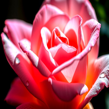 Close up of pink rose with water drops on petals on black backgroundの写真素材