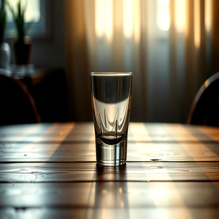 Empty glass on a wooden table in a cafe. Selective focus. Toned.の写真素材