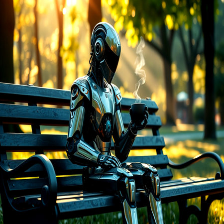 Robot sitting on the bench in the park at sunset. 3d rendering.の写真素材