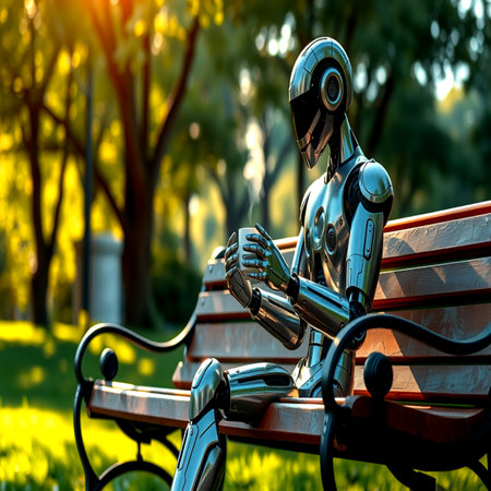 Robot sitting on a bench in the park. 3d rendering.の写真素材