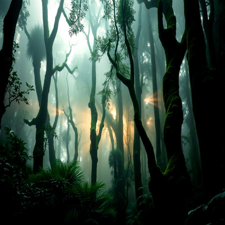 Mysterious forest with fog in the morning.の写真素材