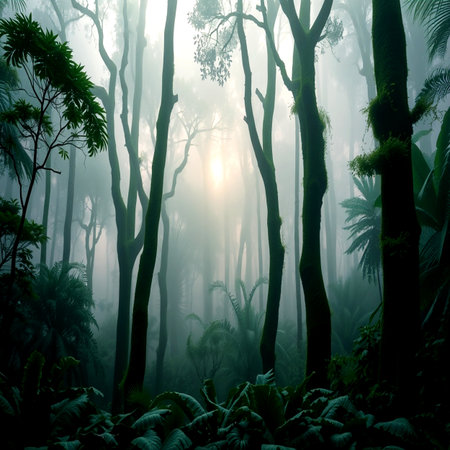 Tropical forest with fog and sunlight in morning. Nature backgroundの写真素材