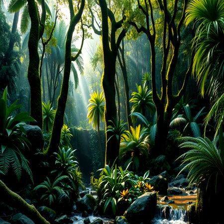 Tropical rainforest with small stream and sunbeams.の写真素材