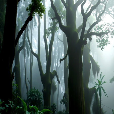Silhouette of a woman standing in the rainforest with fogの写真素材