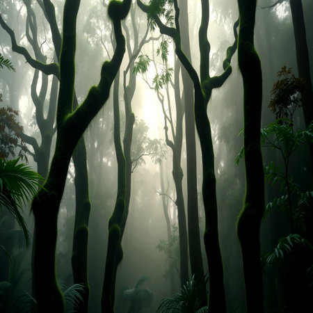 Tropical rainforest with fog and sunlight. Nature background.の写真素材
