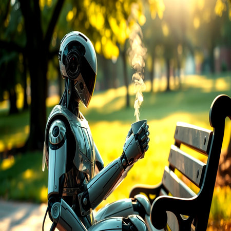 Robot sitting on a bench in the park and smoking a cigaretteの写真素材