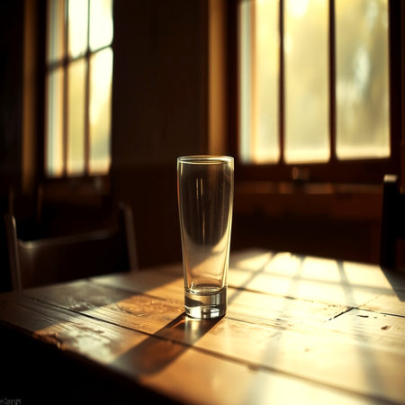Empty glass on a wooden table in a restaurant with sunlight in the backgroundの写真素材