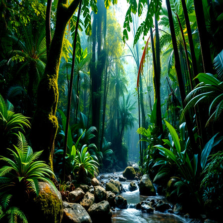 Beautiful tropical rainforest with a stream flowing through the jungle.の写真素材