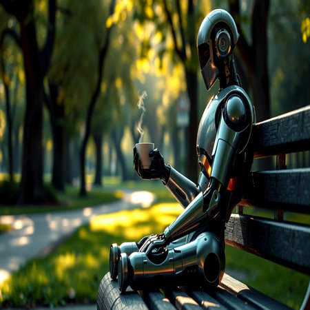 Robot sitting on a bench in the park and drinking coffee.の写真素材