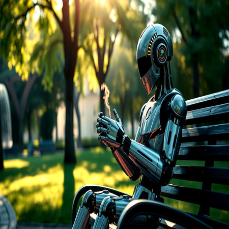 Robot in the park. Artificial intelligence concept. 3d rendering.の写真素材