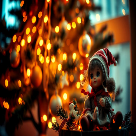 Christmas background with Christmas tree, toys and lights. Christmas decoration.の写真素材