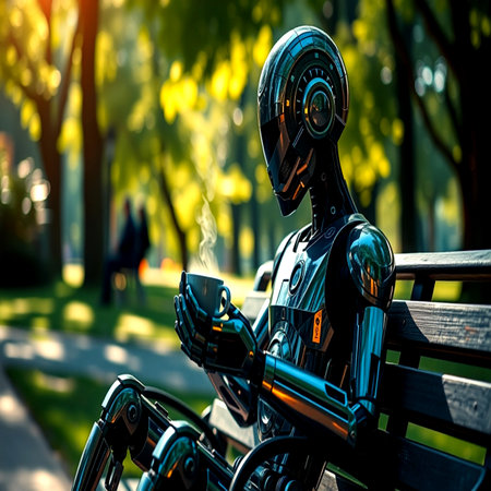 Cyborg sitting on a bench in the park. Selective focus.の写真素材