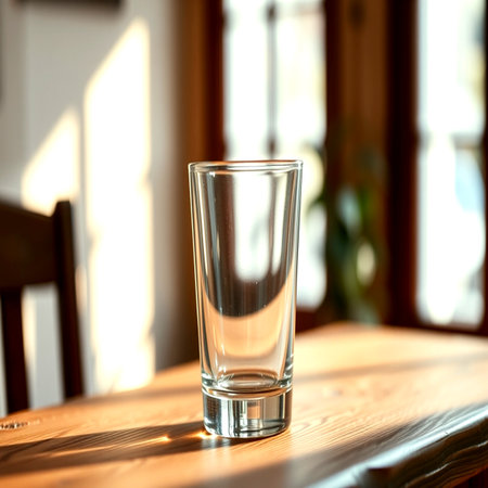 Glass of water on a wooden table in a cafe. Selective focus.の写真素材
