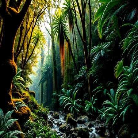 tropical rainforest with a river flowing through the rocks and treesの写真素材