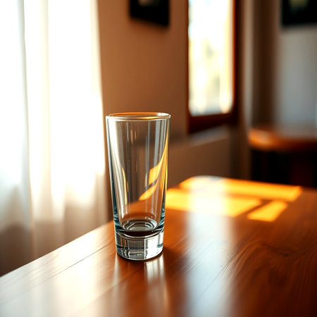 Glass of water on the table in the room. Selective focusの写真素材