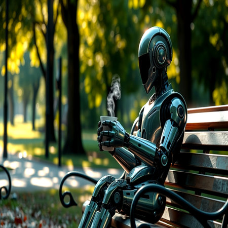 Robot sitting on a bench in the park. Artificial intelligence concept.の写真素材