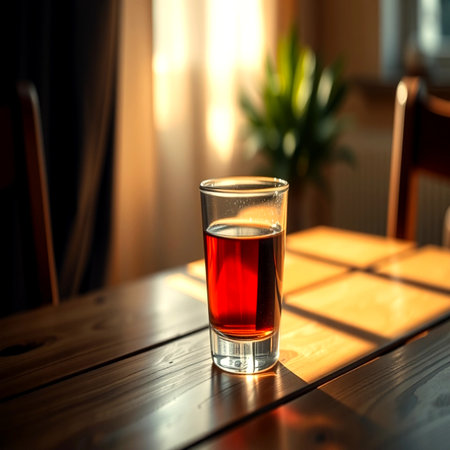 A glass of red tea on a wooden table in a cafe.の写真素材