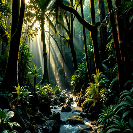 Beautiful tropical rainforest with a stream flowing through the jungle.の写真素材