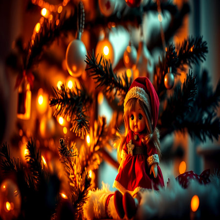 Christmas background. Santa Claus doll sitting on a Christmas tree with lights in the background.の写真素材