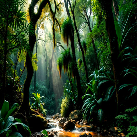 Tropical rainforest with a stream flowing through the jungle.の写真素材