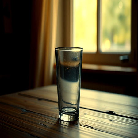 Glass of water on a wooden table in front of the window.の写真素材