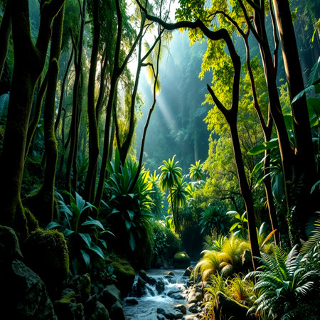 Tropical rainforest and stream in New Zealand. Nature backgroundの写真素材